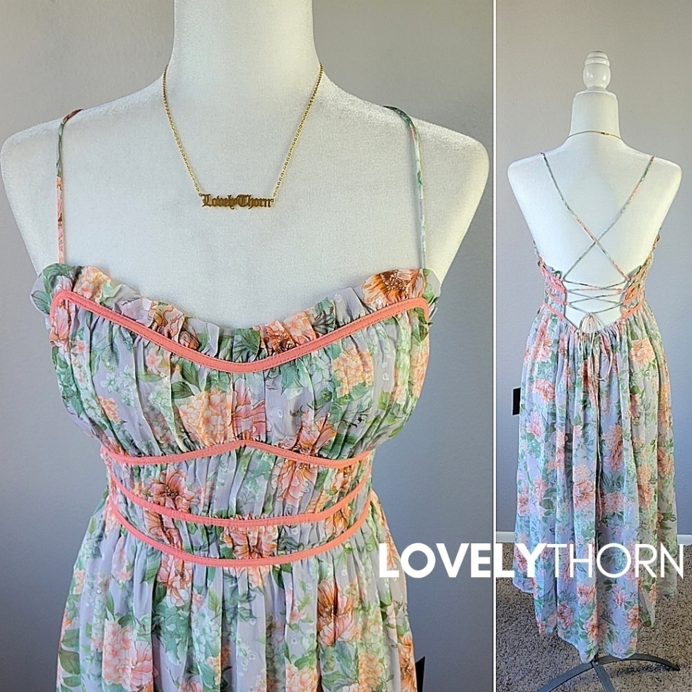 LULU'S // grey floral chiffon strappy lace-up open back corset style maxi dress